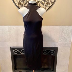 New BeBe Blk High Cut Out Neck Midi Dress SZ 0